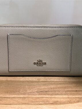 Coach Metallic Silver Zip-Around Wallet with Front Card Slot